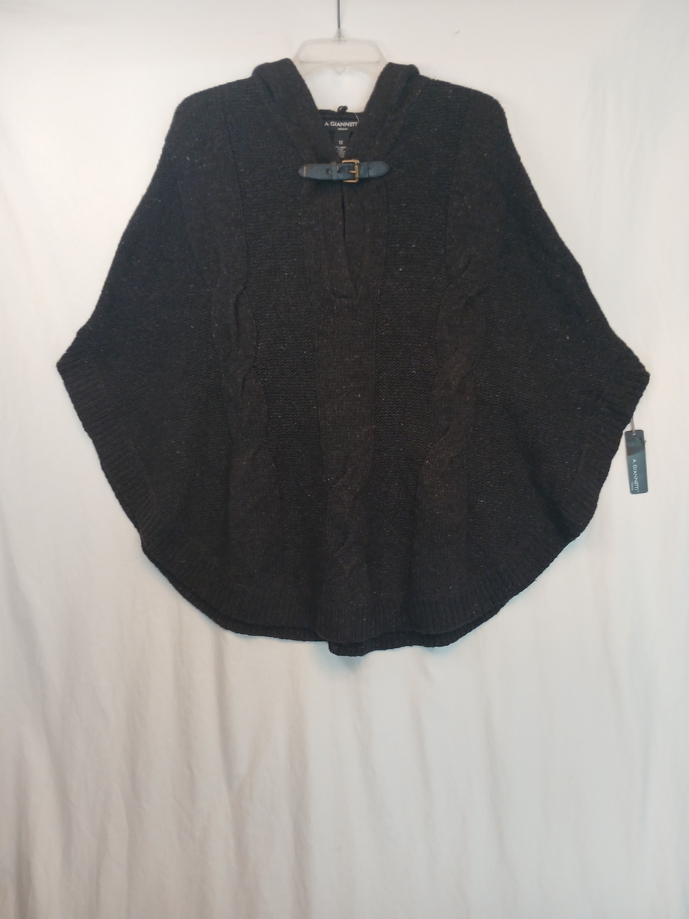 Charcoal Gray Cable Knit Hooded Wool Poncho 1X A. Gianneti